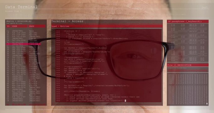 Senior IT specialist monitoring red UI fading in over face, highlighting ID, verifying encryption