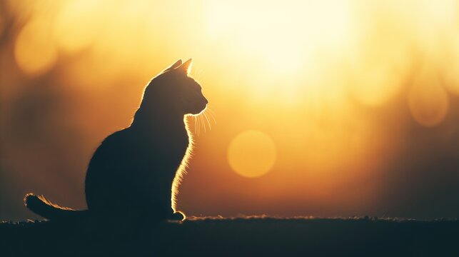 Silhouette of a cat against a golden background representing pet cremation and remembrance , tribute posters, funeral service websites, memorial brochures, funeral bureau branding, remembrance cards, 