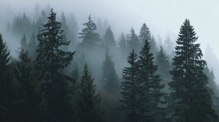 Fototapeta premium Green forest in fog, minimalist nature