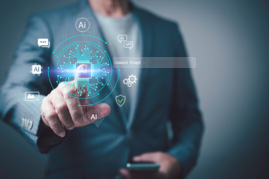 A businessman using advanced artificial intelligence technology with a digital interface and neural network concept. Perfect for innovation, data science, AI development, and tech business visuals.
