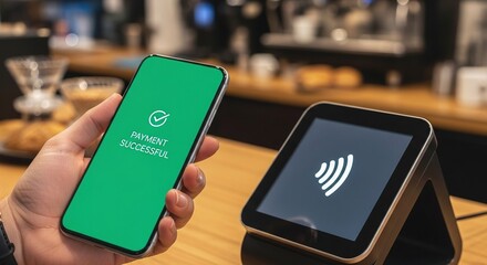 Seamless contactless payment with a smartphone at a modern cafe counter.