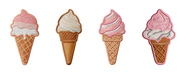 Set of ice cream cone embroidery patch isolated on transparent background, in PNG format, cut out