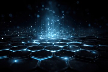 Obraz premium Abstract futuristic background with glowing hexagons and particles