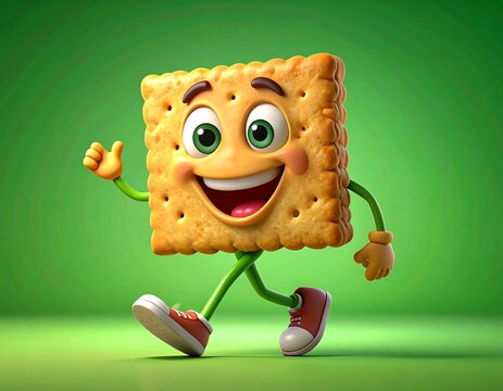 Cheerful animated cracker character walking with happy expression and colorful details