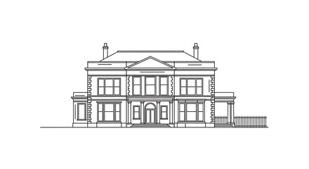 Architectural Drawing of a Grand Two-Story House with Chimneys.