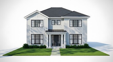 Modern Two-Story Residential House with Dark Roof and Light Siding on a Green Lawn.