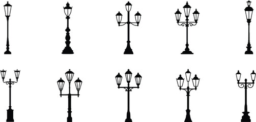 Vintage street lamp silhouettes, classic urban lighting design, retro lantern shapes, decorative outdoor fixtures, historical city elements, black vector icons, elegant architecture
