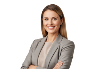 Smiling young adult businesswoman crossing arms