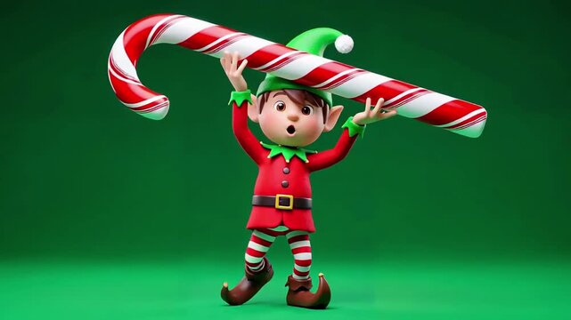 Animated christmas elf holding oversized candy cane with festive green background in various poses