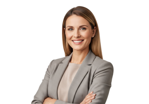 Smiling young adult businesswoman crossing arms
