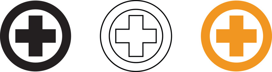 Obraz premium Three stylized medical cross icons in black white and orange on a white background
