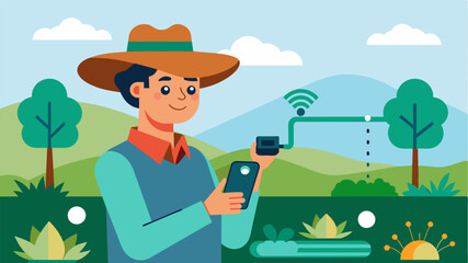 Obraz premium A farmer using a remote control to turn on and off irrigation systems based on realtime tracking of water usage.. Vector illustration