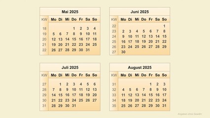 German 2025 quarterly calendar showing months May to August with week numbers, beige background, simple layout for planning and organization