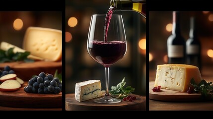 Elegant wine glass filled with red wine, cheese platter, and fresh fruits on wooden table