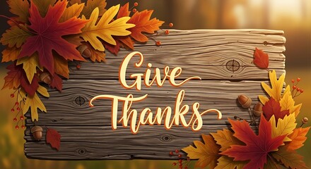 Give thanks wooden sign with autumn leaves and warm lighting