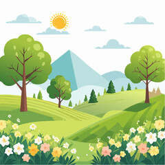 Naklejka premium spring landscape with trees in the foreground and green hills covered by blooming flowers