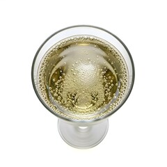 Golden Prosecco Glass with Rising Bubbles on White Surface, Top View