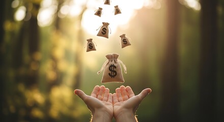 Receive financial abundance now with money bags falling into welcoming hands, symbolizing wealth, prosperity, and good fortune within a vibrant, natural setting