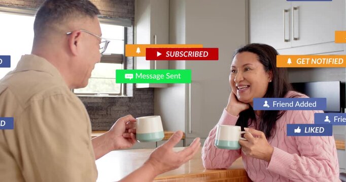 Couple talking triggers subscribe or play icons spawning digital marketing notifications around duo