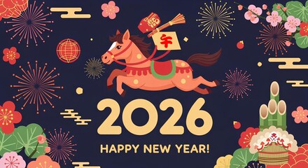 走るかわいい茶色の馬（午）のキャラクター 2026年年賀状