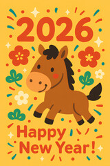 花と黄色い背景のかわいい馬の顔アップ年賀状 2026