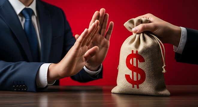 Businessman firmly refusing a bribe with outstretched hand, rejecting corruption for integrity and ethical business practices