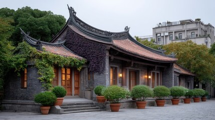 Fototapeta premium Ornate Traditional East Asian Temple Architecture with Dragon Sculptures and Lush Greenery in Soft Evening Light