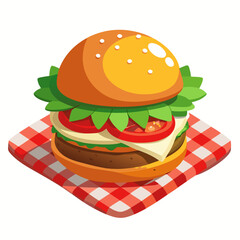Juicy cheeseburger with fresh toppings on a red gingham blanket silhouette