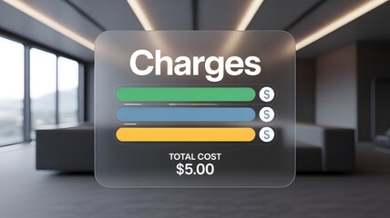Futuristic transparent digital display with customizable charge sliders, a financial services, expense management, and cost breakdown on a modern tech interface.