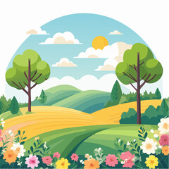 Obraz premium spring landscape with trees in the foreground and green hills covered by blooming flowers