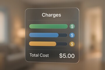Futuristic transparent digital display with customizable charge sliders, a financial services, expense management, and cost breakdown on a modern tech interface.