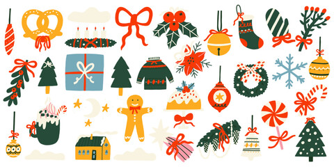 Cute Winter Ornament Icon Set. Holiday Decoration Graphic Sticker Element. Flat Vector Illustration 