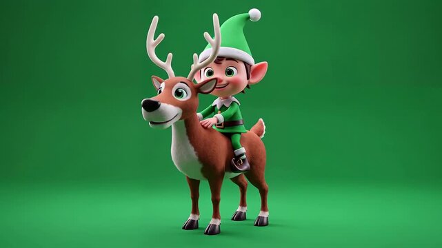 Animated elf riding a cheerful reindeer with green festive background in a cartoon style