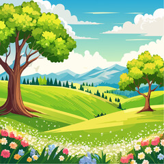 Fototapeta premium spring landscape with trees in the foreground and green hills covered by blooming flowers