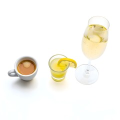 White Espresso Cup, Yellow Shot with Lemon, and Sparkling Champagne Glass on White Background 