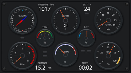 Marine dashboard with analog and digital indicators. Yacht control panel showing speed, RPM, and navigation data.