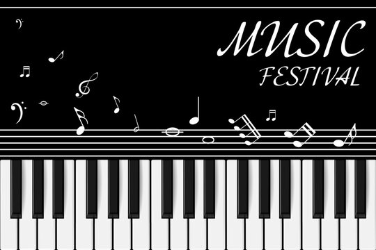 Music festival poster with piano keys and notes. Vibrant design for concert promotion and artistic events. - Powered by Adobe