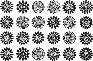 Black Floral Mandala Vector Set. Abstract Dotted Circle Flower Silhouettes and Dotwork Ornaments Collection.