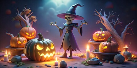 Spooky skeleton witch conjures glowing jack-o'-lanterns amidst eerie Halloween night atmosphere perfect for festive decorations and themes