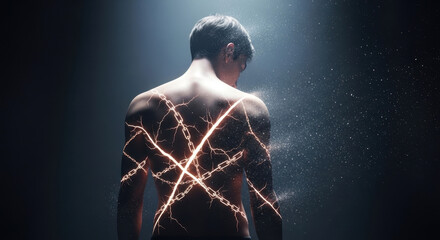 Conceptual Digital Art of Glowing Chains Burning a Person's Back