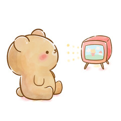 Watercolor Cute Bear Watching TV / テレビを見る水彩くま（コピースペースあり）