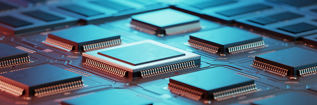 Close-up of a computer motherboard with multiple microchips and glowing blue and red lights.Modern Abstract Neon Digital Tech Background