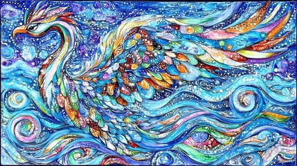 Fototapeta premium Vibrant phoenix rising from waves abstract art digital painting colorful environment