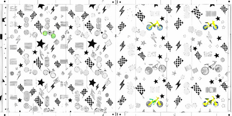 Whimsical hand drawn bicycle race pattern with checkered flags stars and lightning bolts