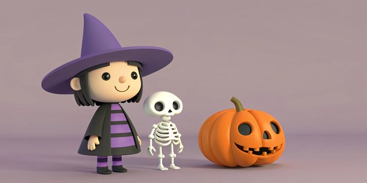 Adorable 3D characters, a cute witch, smiling skeleton, and grinning jack-o'-lantern, ready for Halloween fun and festive celebrations