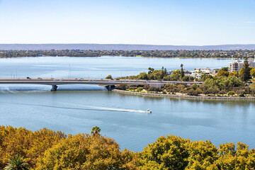 The city of Perth and the Narrows Bridge across the Swan River viewed from Kings Park and Botanic Garden, Perth, Western Australia, WA, Australia