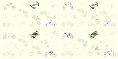 Whimsical motorcycle pattern with racing flags stars and lightning bolts on a cream background