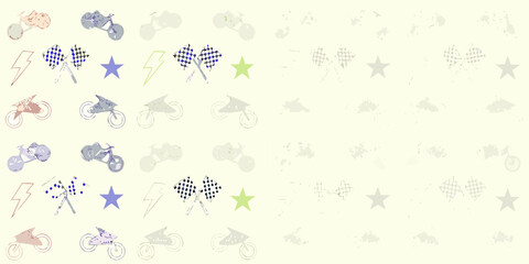 Collection of stylized motorcycles checkered flags lightning bolts and stars in a repeating pattern