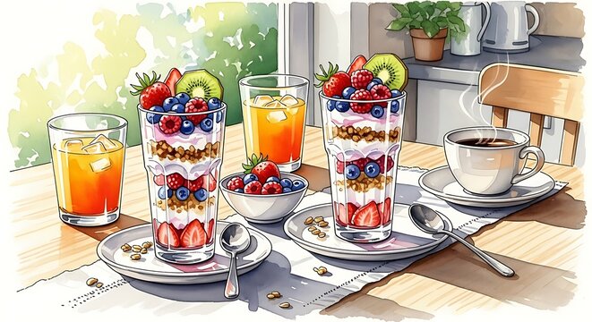 Watercolor Breakfast Still Life with Parfaits and Juice. - Powered by Adobe