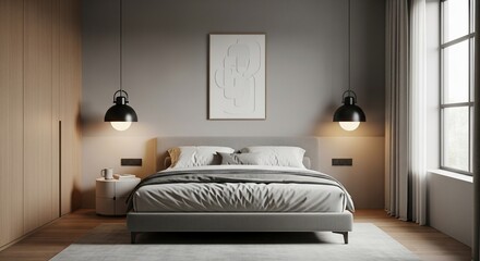 Cozy bedroom features a minimalist design with a comfortable bed and soft lighting creating a serene and inviting atmosphere for relaxation and rest.